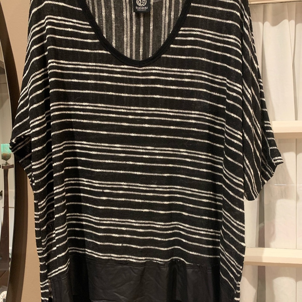 Open weave sweater with “leather” trim